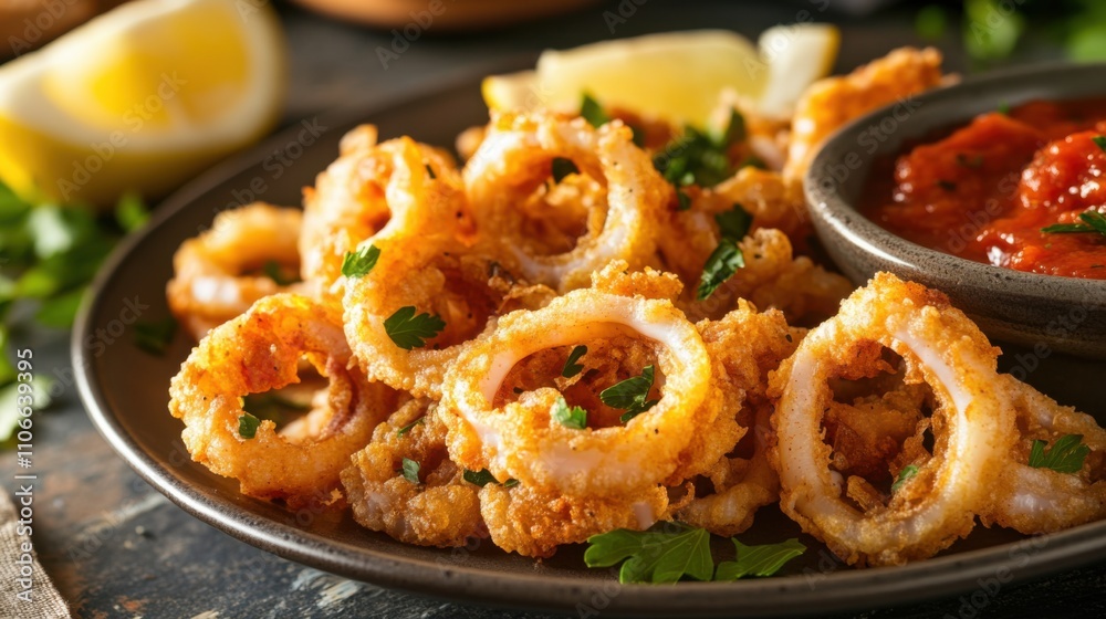 A plate of crispy calamari served with marinara sauce and lemon wedges, Calamari on plate, Warm overhead lighting enhancing the golden brown color A plate of crispy calamari served with marinara sauce and lemon wedges, Calamari on plate, Warm overhead lighting enhancing the golden brown color