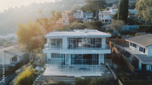 A modern residence is enhanced using AI technology to showcase its design features. The drone view displays a clear layout and surrounding neighborhood, emphasizing the property's unique qualities. photo