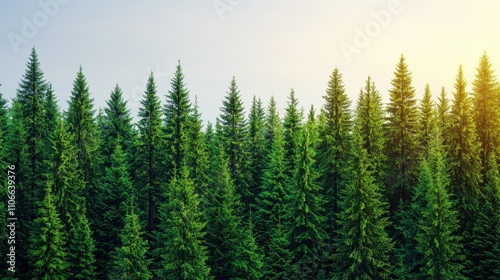 Lush Evergreen Forest with Vibrant Green Trees and Sunlight Glow