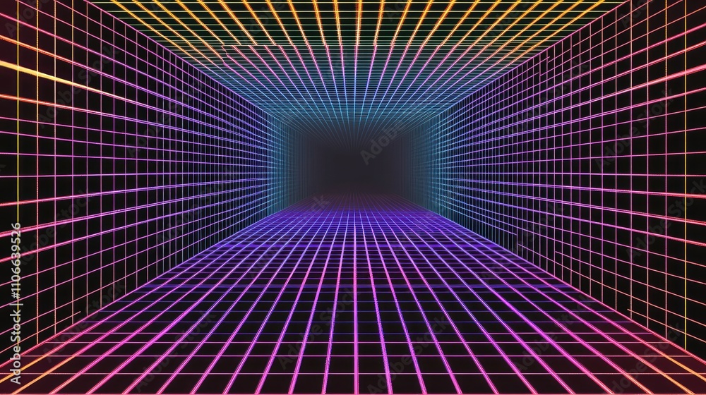 Obraz premium Neon Grid Tunnel with Vibrant Lines and Futuristic Perspective
