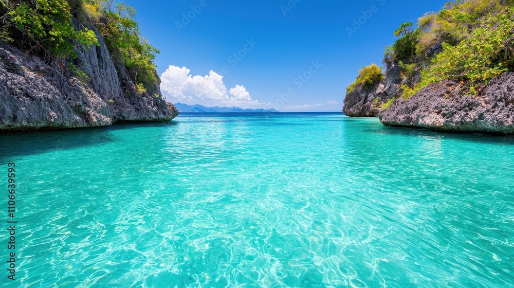 Fototapeta premium Serene Tropical Paradise with Crystal Clear Water and Lush Mountains