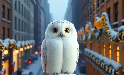 owl perched on a snowy city street, winter wonderland, festive decorations, fairy lights, urban setting, twilight, soft natural lighting, high detail, serene atmosphere
 photo