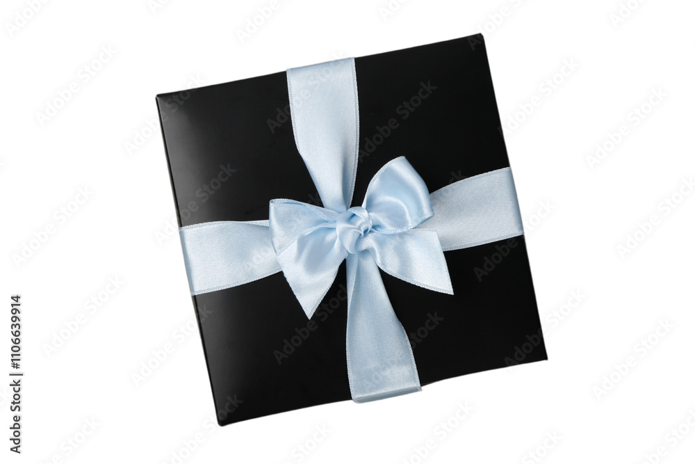 PNG, Mystery box, black with blue bow, isolated on white background.