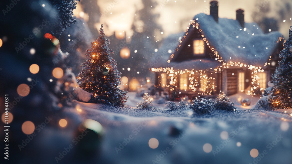Cozy winter evening with illuminated house and snow-covered landscape Cozy winter evening with illuminated house and snow-covered landscape
