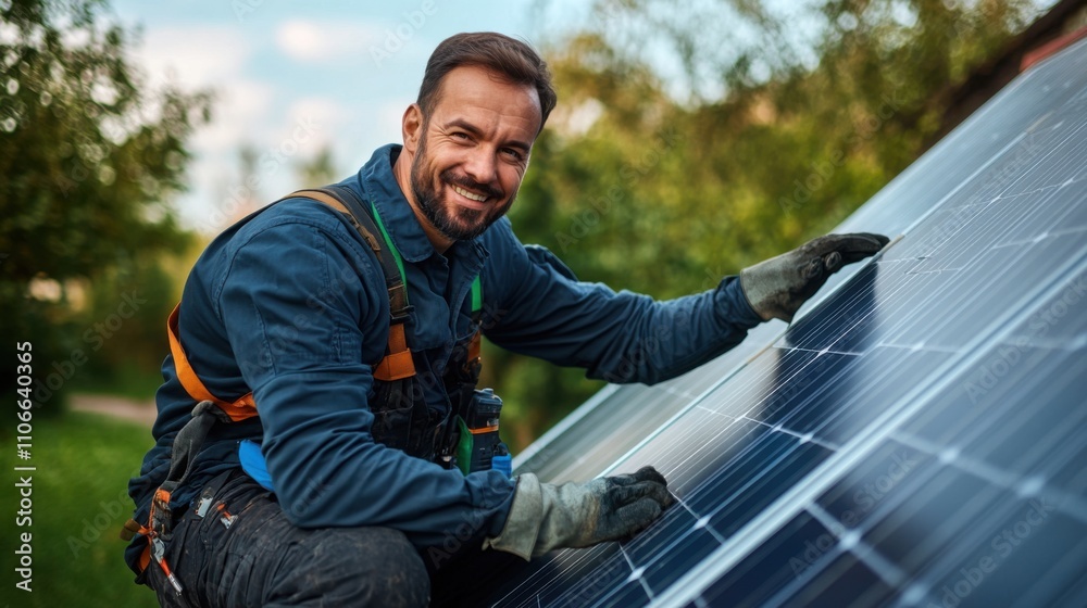Professional Male Technician Installing Solar Panels on Roof in Natural Environment with Greenery and Bright Sky, Promoting Clean Energy Solutions and Sustainability Professional Male Technician Installing Solar Panels on Roof in Natural Environment with Greenery and Bright Sky, Promoting Clean Energy Solutions and Sustainability