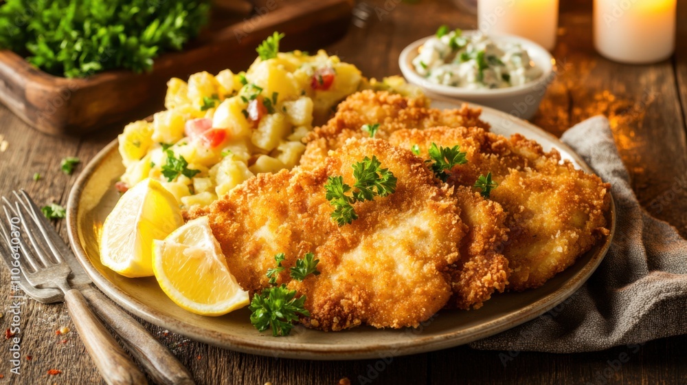 A plate of crispy chicken schnitzel served with lemon wedges and a side of German potato salad, Chicken schnitzel plate centered, Warm candlelight creating a cozy atmosphere A plate of crispy chicken schnitzel served with lemon wedges and a side of German potato salad, Chicken schnitzel plate centered, Warm candlelight creating a cozy atmosphere