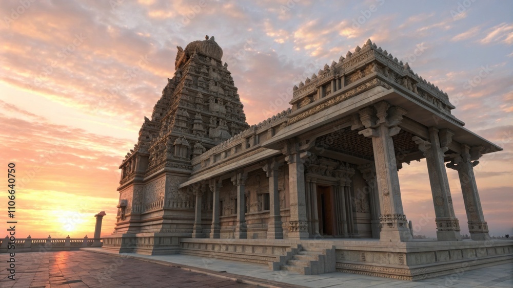 Obraz premium An intricate digital model of a towering temple with elaborate carvings and imposing columns set against a serene virtual sunset.