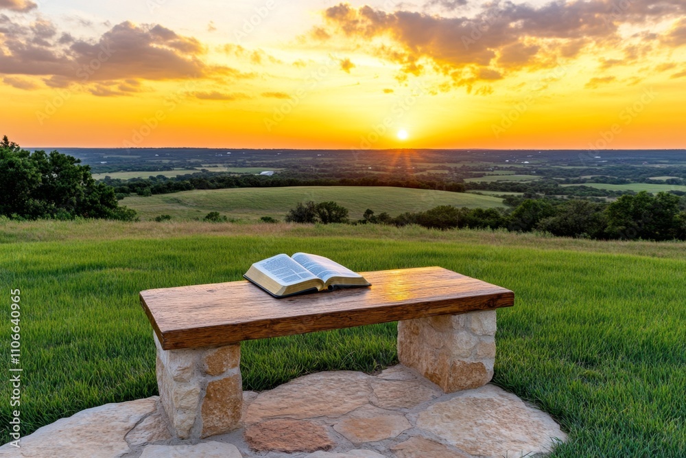 A glowing sunrise over a peaceful meadow, with a Bible open on a stone bench in the foreground A glowing sunrise over a peaceful meadow, with a Bible open on a stone bench in the foreground