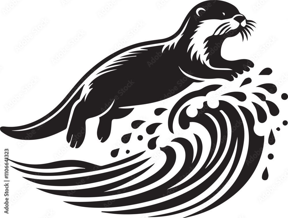 Otter leaping through waves black silhouette vector Otter leaping through waves black silhouette vector