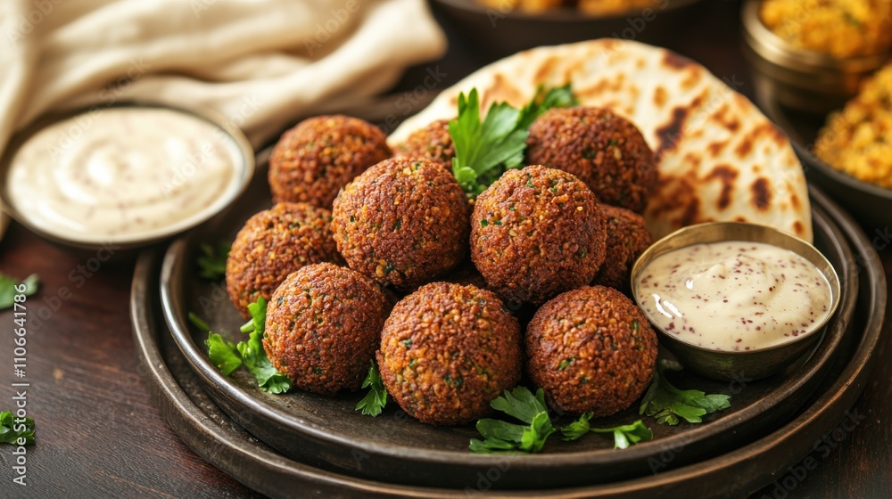 A plate of crispy falafel balls served with tahini sauce and pita bread, Falafel on plate, Warm ambient lighting enhancing the golden brown color A plate of crispy falafel balls served with tahini sauce and pita bread, Falafel on plate, Warm ambient lighting enhancing the golden brown color