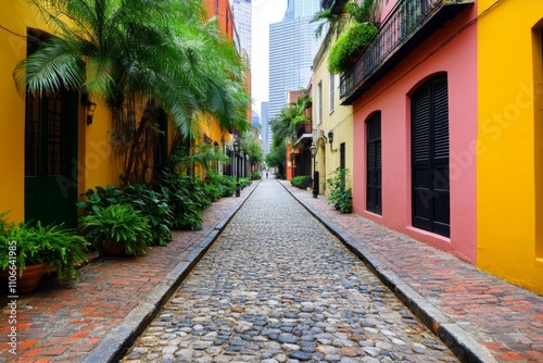 A historic district in a major city, with cobblestone streets and centuries-old buildings contrasting modern elements photo