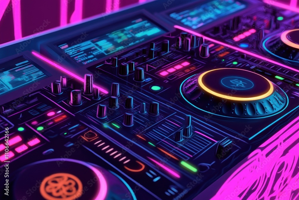 A vibrant DJ setup with colorful lights and controls for music mixing and performance. A vibrant DJ setup with colorful lights and controls for music mixing and performance.