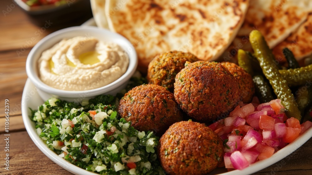 A plate of crispy falafel served with hummus, tabbouleh, and warm pita bread A plate of crispy falafel served with hummus, tabbouleh, and warm pita bread