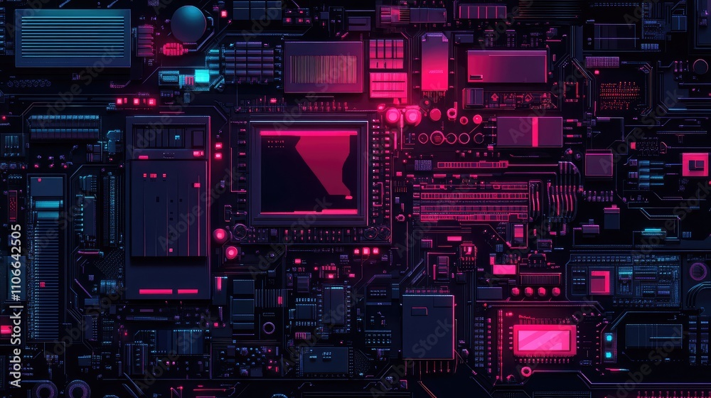 Fototapeta premium Futuristic Circuit Board Design with Neon Elements and Dark Background