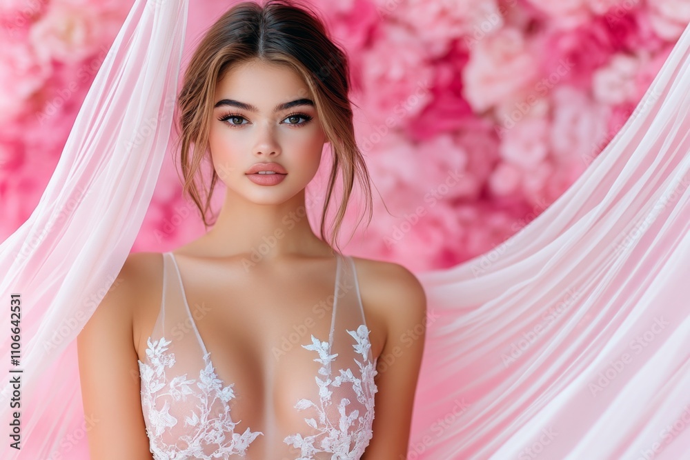 A luxurious fashion banner with a realistic model showcasing designer attire against a soft studio background A luxurious fashion banner with a realistic model showcasing designer attire against a soft studio background