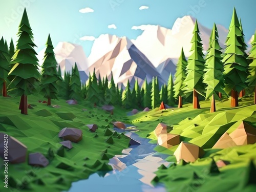 the AI Image Generator, Low Poly Landscape with Mountains and Forest River photo