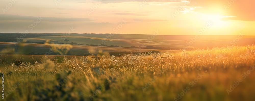 Golden Sunset Over Rolling Hills And Grasslands Golden Sunset Over Rolling Hills And Grasslands