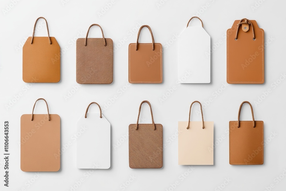 A modern branding kit for a fashion label, featuring hangtags, woven labels, and elegant shopping bags in neutral tones A modern branding kit for a fashion label, featuring hangtags, woven labels, and elegant shopping bags in neutral tones