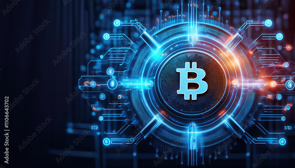 Digital cryptocurrency symbol glowing in high tech grid, representing advanced financial protection and cybersecurity Digital cryptocurrency symbol glowing in high tech grid, representing advanced financial protection and cybersecurity