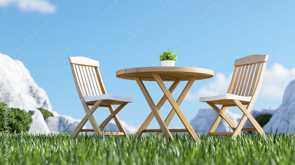 Fototapeta premium Serene Outdoor Table & Chairs in Grass | Minimalist design