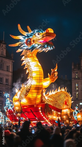 Illuminated dragon parade at night.