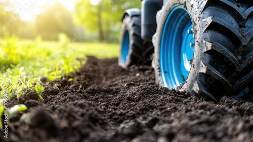 Farmer plowing a field with a tractor, rich soil being turned, modern farming machinery in action, expansive rural landscape, bright sunlight, professional agriculture, copy space photo