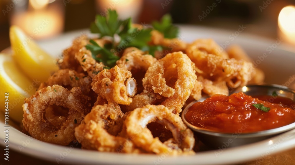 A plate of crispy fried calamari served with marinara sauce and lemon wedges, Calamari plate centered, Warm candlelight accentuating its golden-brown crust A plate of crispy fried calamari served with marinara sauce and lemon wedges, Calamari plate centered, Warm candlelight accentuating its golden-brown crust