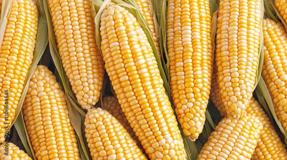 Corn harvest farming abundance concept. Fresh Corn Cobs in Bright Yellow Color