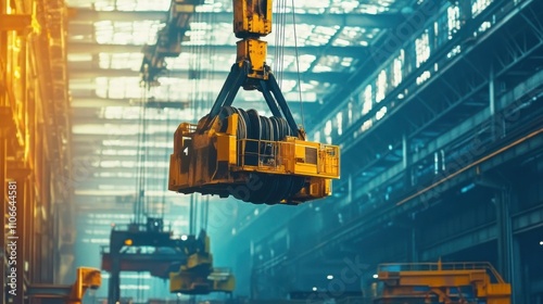 Aerial view of a large hanging crane in an industrial plant.