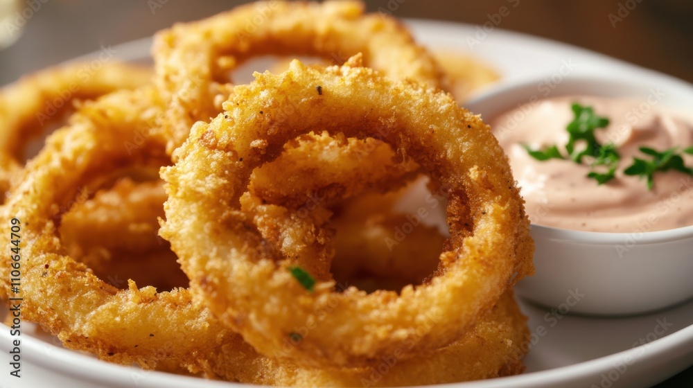 A plate of crispy onion rings served with spicy aioli dipping sauce, Onion rings on plate, Warm sunlight highlighting the golden crispiness A plate of crispy onion rings served with spicy aioli dipping sauce, Onion rings on plate, Warm sunlight highlighting the golden crispiness