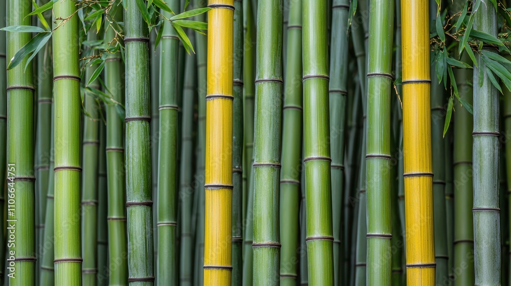 Lush Green Bamboo Stalks with Vibrant Yellow Stripes in Nature Lush Green Bamboo Stalks with Vibrant Yellow Stripes in Nature