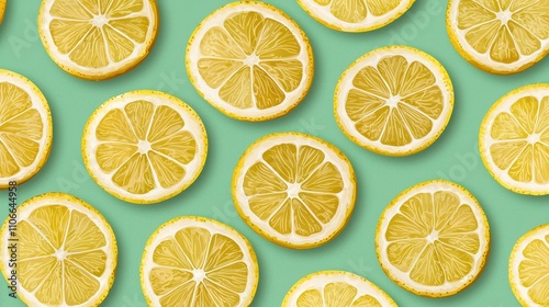 Fresh Lemon Slices on Bright Colorful Background in Flat Lay Style