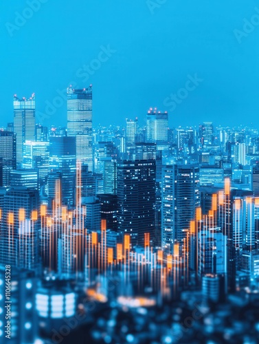 A vibrant cityscape at night, showcasing towering skyscrapers with graphic representations of financial data in a striking blue hue.