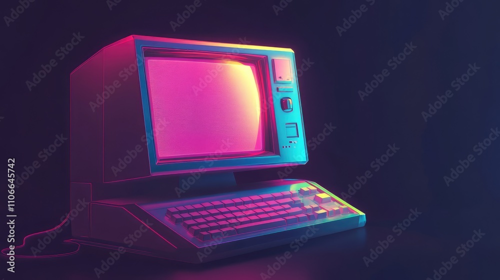 Retro Computer with Glowing Screen and Keyboard in Neon Colors Retro Computer with Glowing Screen and Keyboard in Neon Colors