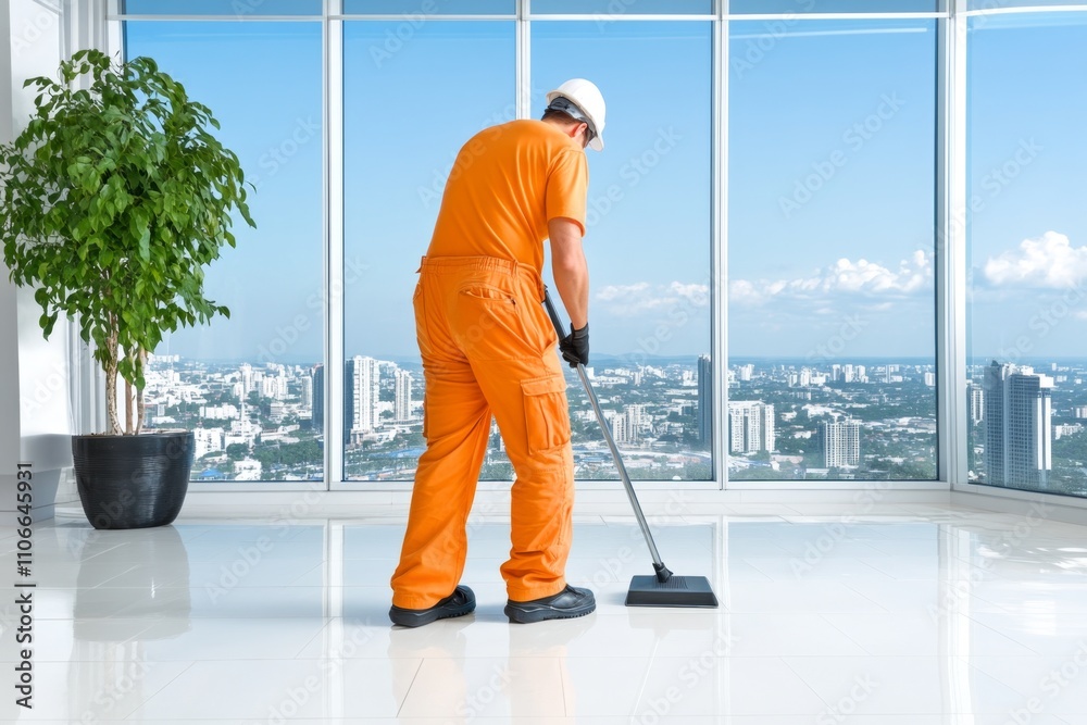 Fototapeta premium A professional cleaner polishing a large glass conference table in a modern office building