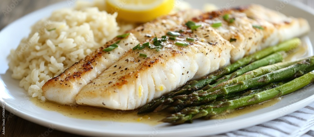 Platter of grilled fish with lemon butter sauce, rice pilaf, and steamed asparagus Platter of grilled fish with lemon butter sauce, rice pilaf, and steamed asparagus