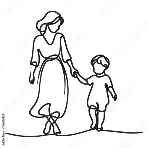 One continuous single drawing black line art doodle of a mother and child walking hand in hand, illustration on white background