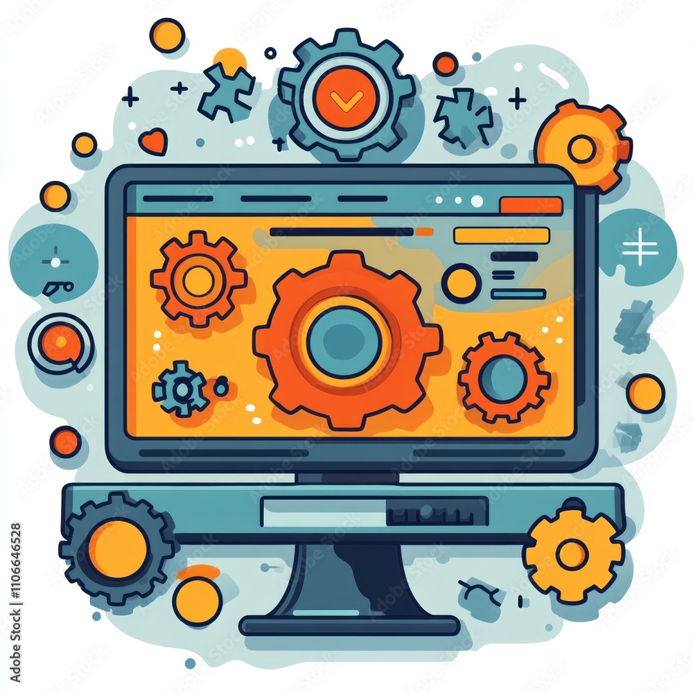 Obraz premium A colorful illustration of a computer screen surrounded by gears, symbolizing technology and innovation.