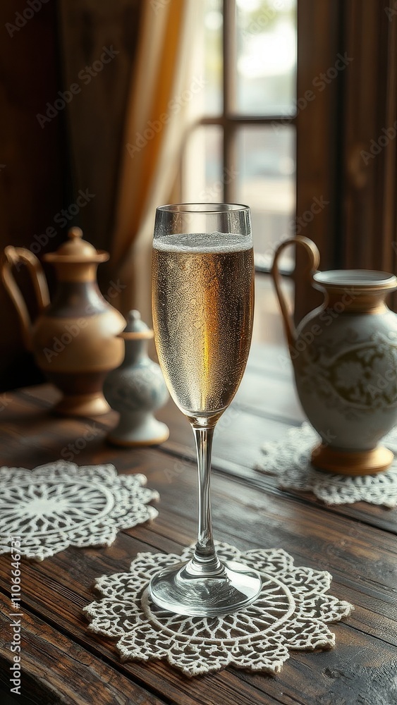 A glass of bubbly champagne is placed on a vintage wooden table with lace doilies and antique vases, decoration, cake, vase A glass of bubbly champagne is placed on a vintage wooden table with lace doilies and antique vases, decoration, cake, vase