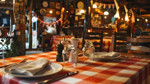 a rustic Italian trattoria with checkered table cloth  photo