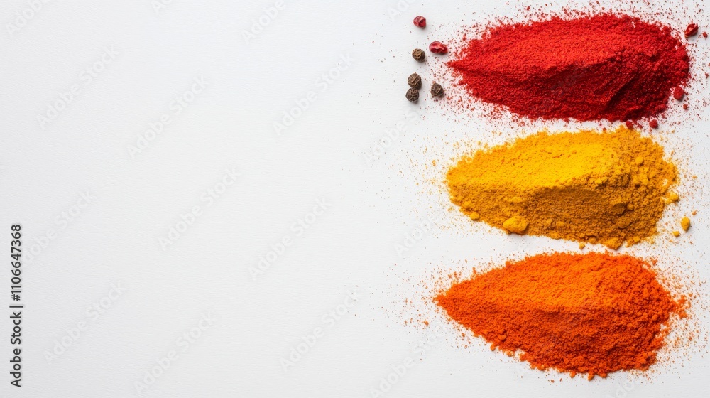 Close-up of vibrant red chili powder, turmeric, and ground pepper lined up neatly on a plain white backdrop, studio light casting soft shadows. Close-up of vibrant red chili powder, turmeric, and ground pepper lined up neatly on a plain white backdrop, studio light casting soft shadows.