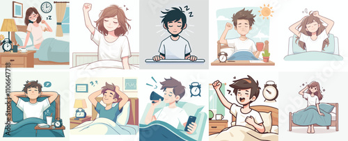 Vector set of a teenager waking up with a simple flat design style