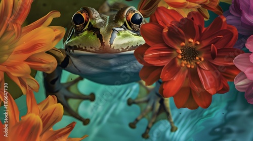 a curious frog peering out from pond  photo