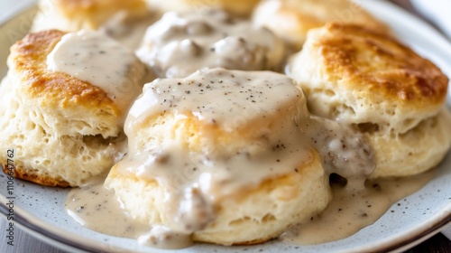 A plate of fluffy buttermilk biscuits smothered in creamy sausage gravy, Biscuits and gravy plate centered, Soft natural light highlighting their golden tops