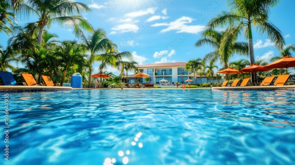 A sunny pool sparkles with blue water, surrounded by palm trees, lounge chairs, and happy children.