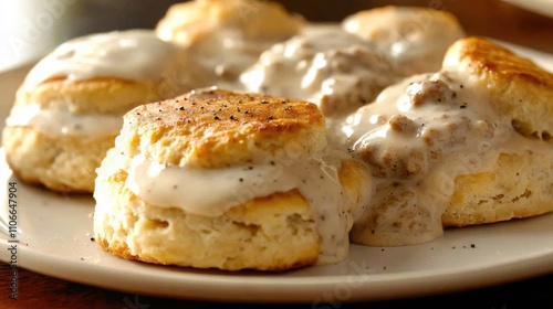 A plate of fluffy buttermilk biscuits smothered in creamy sausage gravy, Biscuits and gravy plate centered, Soft natural light highlighting their golden tops