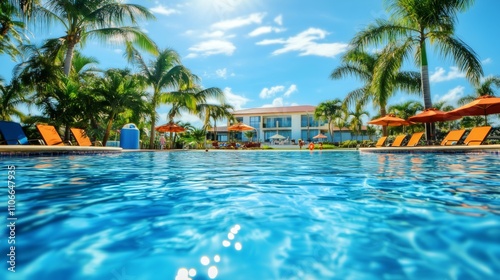 Obraz na płótnie A sunny pool sparkles with blue water, surrounded by palm trees, lounge chairs, and happy children. w salonie