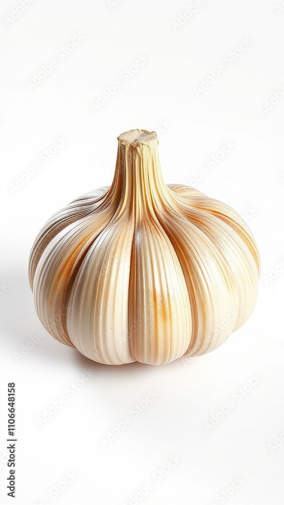 Obraz premium Fresh garlic clove with visible signs of ripeness and maturity, placed against a simple white background, fresh garlic, surface