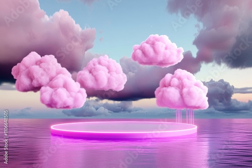 A vibrant 3D digital composition of clouds in various shapes and sizes floating over a glowing futuristic landscape photo