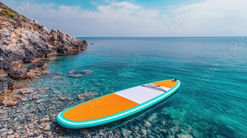 Vibrant Paddleboard on Clear Water by Rocky Coastline at Sunset